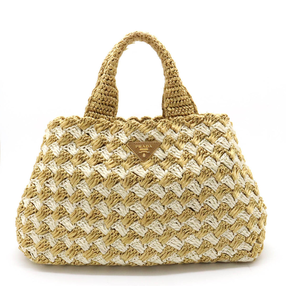 Prada Raffia Locket Handbag Tote Bag Basket Beige Cream White